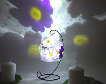Purple Daisy Glass Tealight Holder: Hand-Painted Candle Gift Set