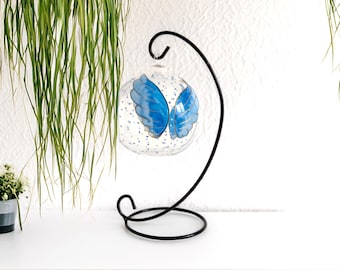 Hand Painted Angel Wings Glass Tealight Holder with Metal Stand