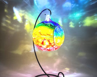 Hand Painted Rainbow Glass Candle Holder: Abstract Home Decor