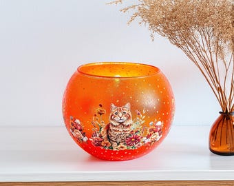 Hand-Painted Autumn Candle Holder: Tabby Cat & Flowers Fall Decor