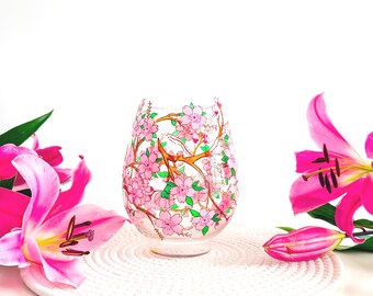 One of a Kind Cherry Blossom Glass Vase, Hand Painted