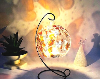 Hand Painted Butterfly Glass Candle Holder with Metal Stand
