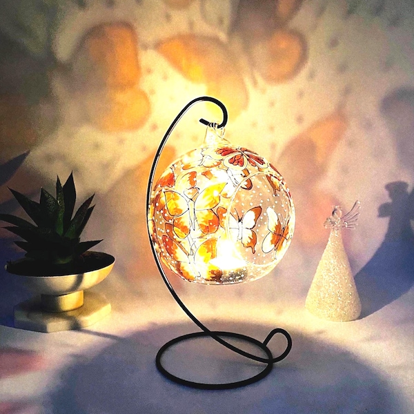 Hand Painted Butterfly Glass Candle Holder with Metal Stand