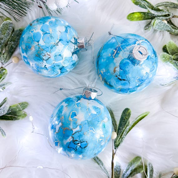 クリスマスオーナメント セット ガラスオーナメント 青いガラスのクリスマスオーナメントセット：手描きのホリデー