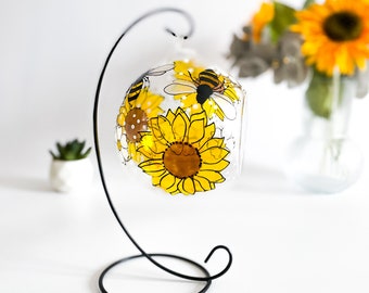 Hand Painted Sunflower Glass Candle Holder with Bees - Nature Inspired Decor