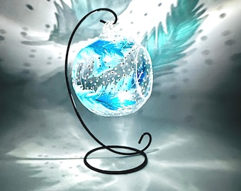 Hand Painted Teal Feather Glass Candle Holder: Memorial Bereavement Gift