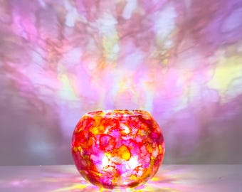 Pink Northern Lights Glass Candle Holder Hand Painted: Unique Home Decor