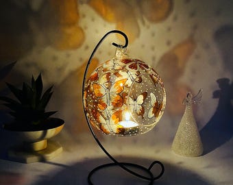 Hand Painted Butterfly Glass Candle Holder with Metal Stand