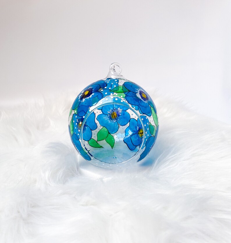 Hand Painted hanging glass candle holder with metal stand, with blue pansies and green leaves. Great choice as a unique gift for Mothers Day, Christmas Gift, Unique Birthday Gift, this glass tealight holder will truly impress the receiver.