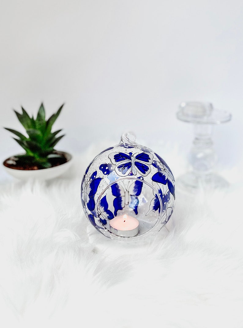 Blue Butterfly Glass Candle Holder Tea Light Holder Hand Etsy UK