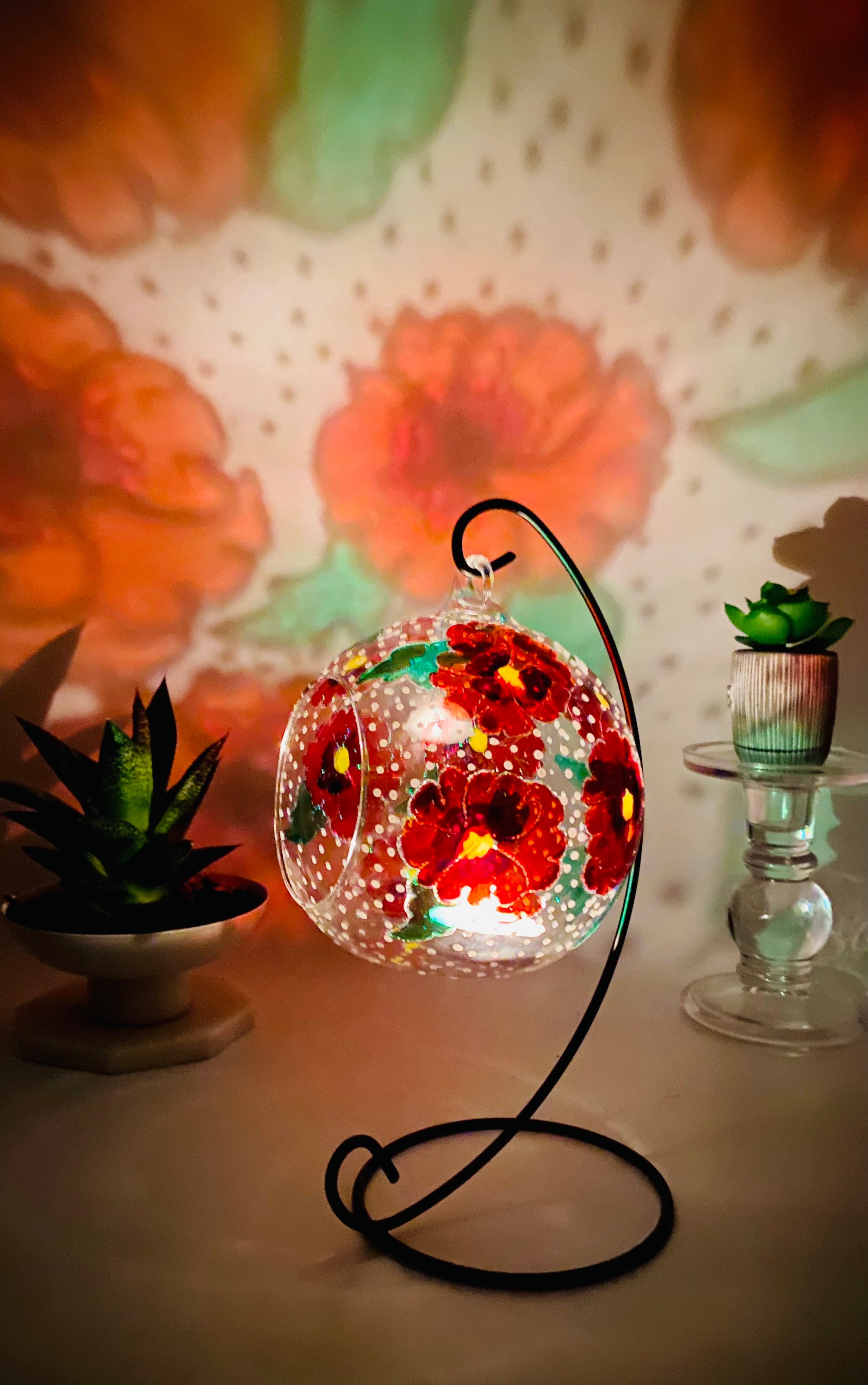 Red Pansy Hanging Candle Holder Glass Candle Holder Hand Etsy