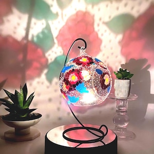 Hand Painted Floral Glass Tealight Holder: Burgundy Flower Shelf Decor