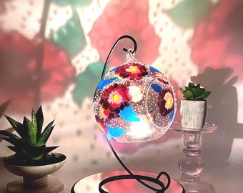 Hand Painted Floral Glass Tealight Holder: Burgundy Flower Shelf Decor