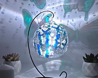 Hand Painted Butterfly Glass Ornament Candle Holder with Stand