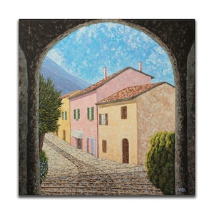 Italian cityscape original oil painting, old town scene, old street oil painting