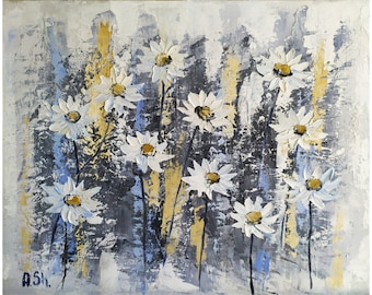 Original oil painting Abstract daisy flower art, Floral painting by Ukrainian artist 16x20"