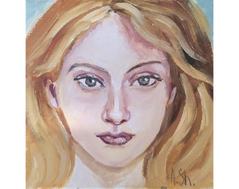 Beautiful Blond Girl Art, Oil Woman Painting,  Female Art, Small original painting , Blond girl portrait mini art 6 by 6" (15x15 sm)