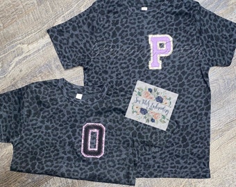 black leopard personalized shirt  | embroidered  block initial shirt l