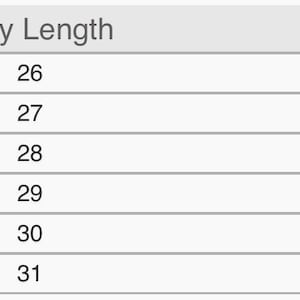 May include: Size chart showing body length and width measurements in inches for sizes XS to 2XL.