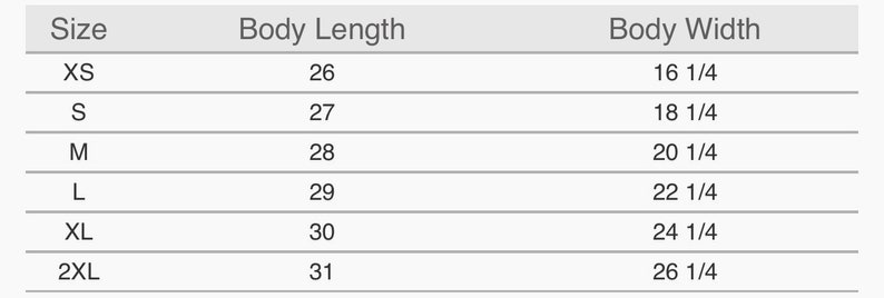 May include: Size chart showing body length and width measurements in inches for sizes XS to 2XL.