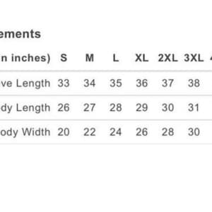 May include: A size chart showing measurements in inches for a garment. The chart includes sizes S through 5XL and measurements for sleeve length, full body length, and body width.