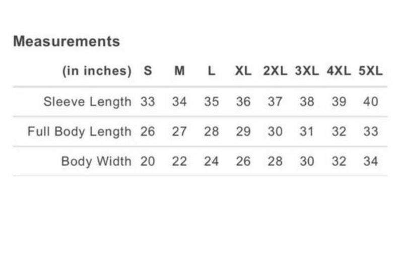 May include: A size chart showing measurements in inches for a garment. The chart includes sizes S through 5XL and measurements for sleeve length, full body length, and body width.