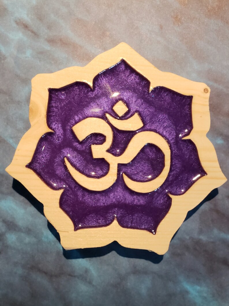 Lotus Reiki Resin Yoga Meditation Aum Om Symbol Natural Wood Handcrafted Sign