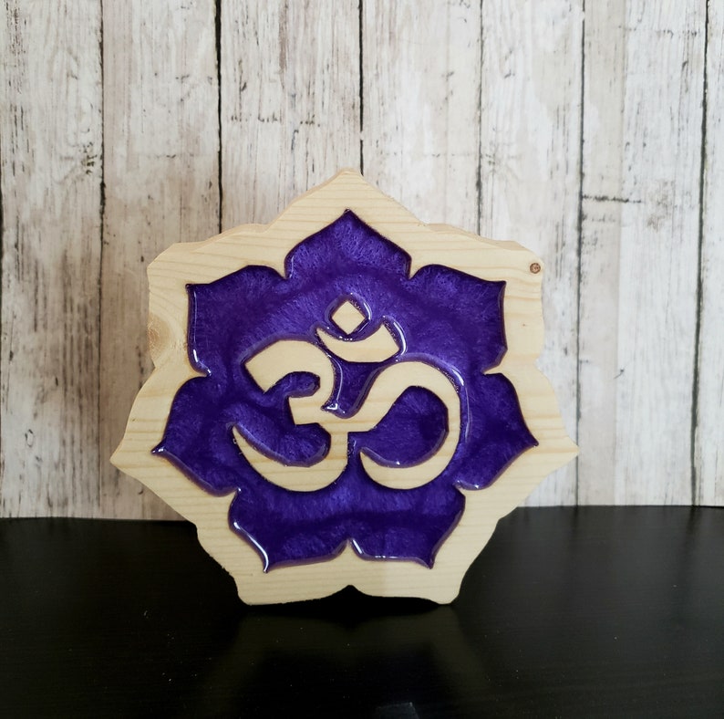 Lotus Reiki Resin Yoga Meditation Aum Om Symbol Natural Wood Handcrafted Sign