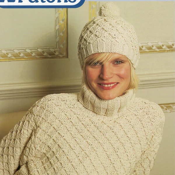 PDF Instant Download Knitting Pattern *Lady's Polo Neck Sweater and Hat in Aran Yarn* Patons 03109
