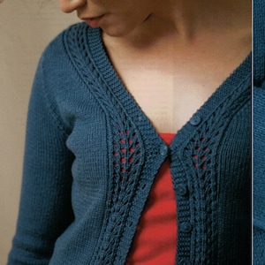 May include: A woman wearing a blue knitted cardigan with a lace pattern and button closure. The cardigan is called "Morning Echo".