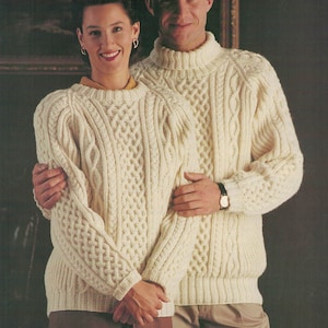 PDF Instant Download Knitting Pattern *His &#39;n&#39; Hers Cabled Raglan Aran Weight Long Sweater* Hayfield 00537