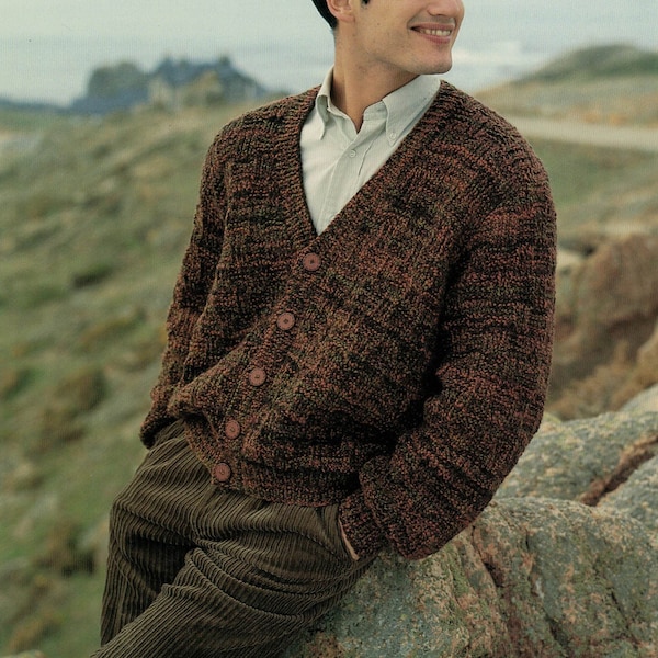 PDF Instant Download Knitting Pattern *Man's V Neck Chunky Basketweave Cardigan* Hayfield 4013