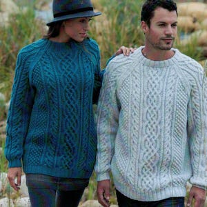 PDF Instant Download Knitting Pattern *His 'n' Hers Cabled Raglan Sweater* Aran Weight Yarn
