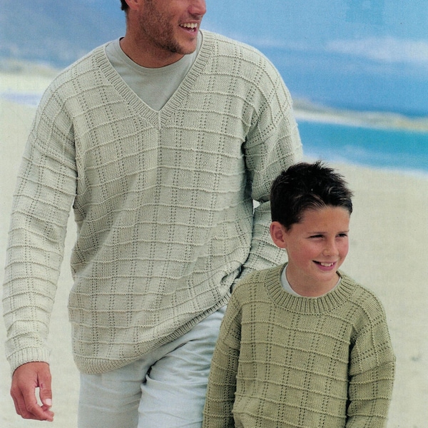 PDF Instant Download Knitting Pattern *Man And Boy's Textured Sweaters* DK Weight Yarn