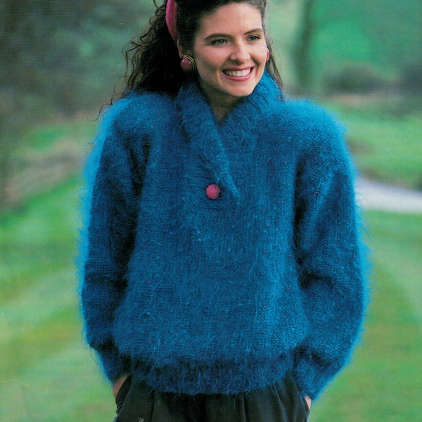 PDF Instant Download Knitting Pattern *Garter Stitch Mohair Sweater with Roll Neck Shawl Collar* Chevy 1122