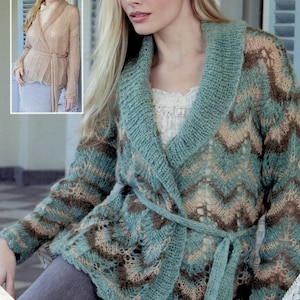 May include: A teal, brown, and beige knitted wrap cardigan with a shawl collar and tie belt. The cardigan features a chevron pattern and is worn over a white top. A smaller image of a beige cardigan is in the upper left corner.
