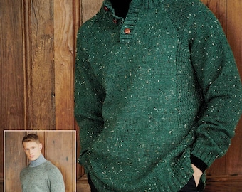 May include: A green knit sweater with a button-up collar and speckled design. The sweater has long sleeves and a ribbed hem. The model is wearing a black turtleneck underneath. A smaller image shows a similar sweater in a lighter color.