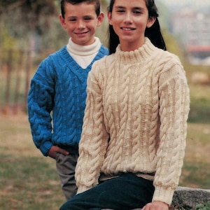PDF Instant Download Knitting Pattern *Child's Cabled Round And V Neck Sweater* Aran Weight Yarn