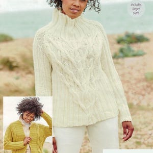 May include: A woman wearing a cream-colored cable-knit turtleneck sweater and white pants. The sweater features a textured cable design down the front. The image includes text that says "2 designs" and "includes larger sizes".