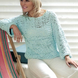 May include: A light blue knitted sweater with a loose, open weave. The sweater has a round neckline and long sleeves.