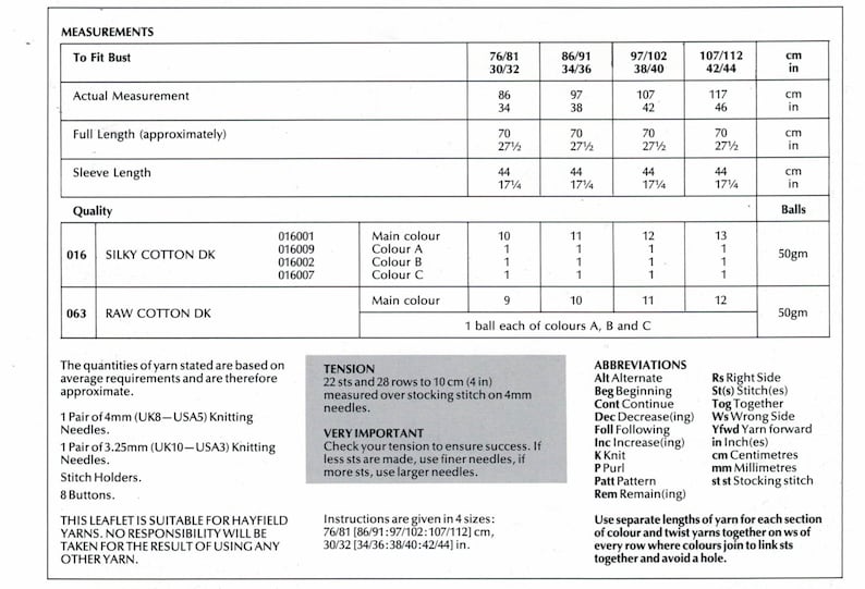 PDF Instant Download Knitting Pattern *Lady/'s DK Shaped Cardigan* Hayfield 00443