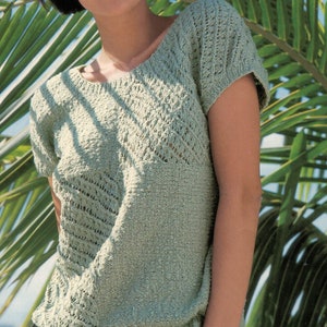 PDF Instant Download Knitting Pattern *Lady's Casual T-Shirt Top With Lace Pattern* Cotton DK Yarn