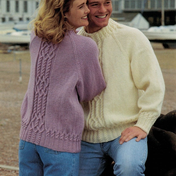 PDF Instant Download Knitting Pattern *His 'n' Hers Cabled Raglan Aran Weight Sweater* Hayfield 4236