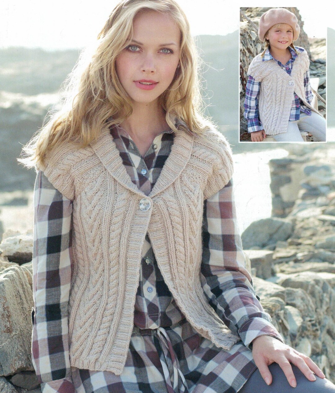 PDF Instant Download Knitting Pattern two Cabled Waistcoats Aran Weight
