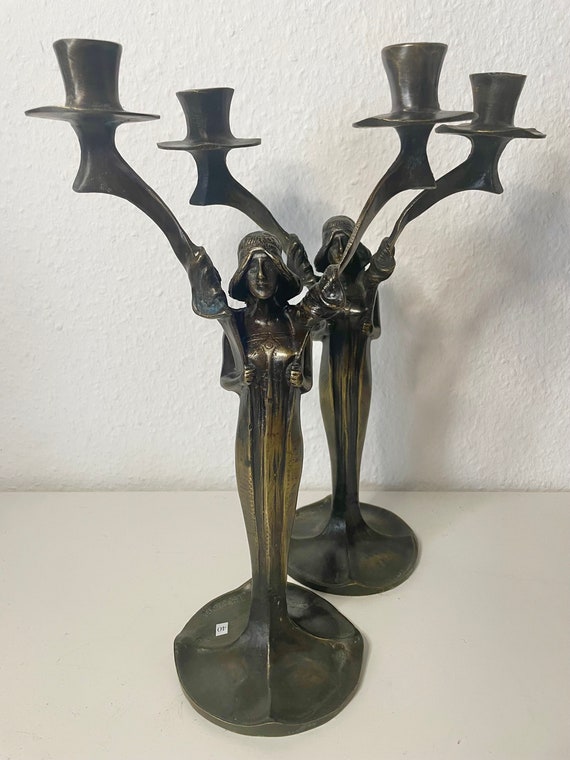 Art Nouveau Solid bronze double candlesticks signed Jules Moigniez 1902 (after)