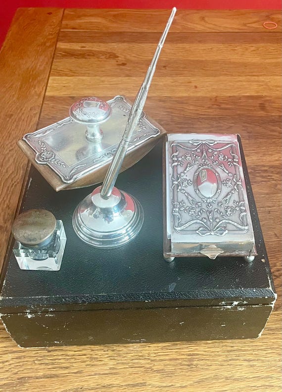19 century Silver Writing Set with Dip Pen, Blotter and notepad