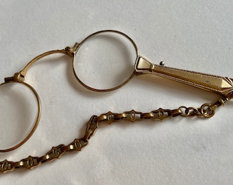 1900s gilded lorgnette on 19 century watch chain