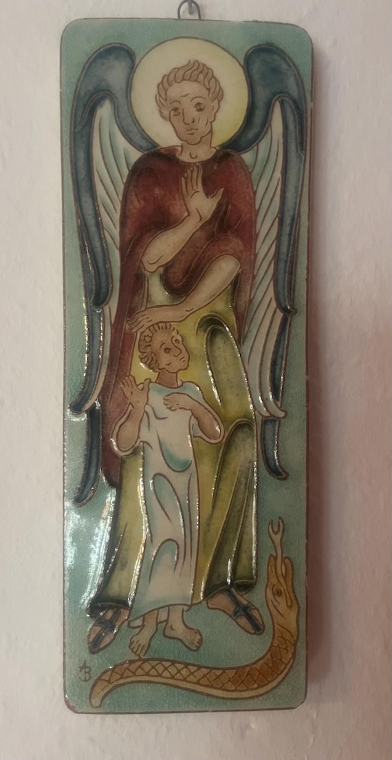 Vintage Maria Laach Ars Liturgica Ceramic Angel Wall Plaque – Hand-Painted Religious Art – Germany