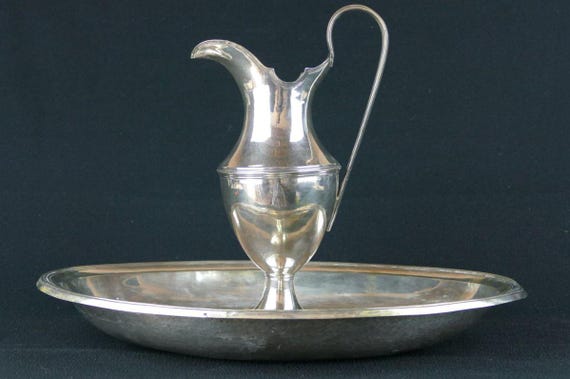 Extreme Rare 1800s hand hammered Ewer and Basin in Solid Silver