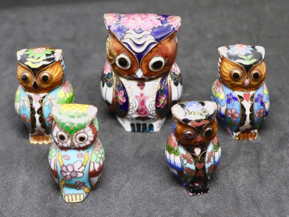 A Family of Cloisonné Enamel Owls